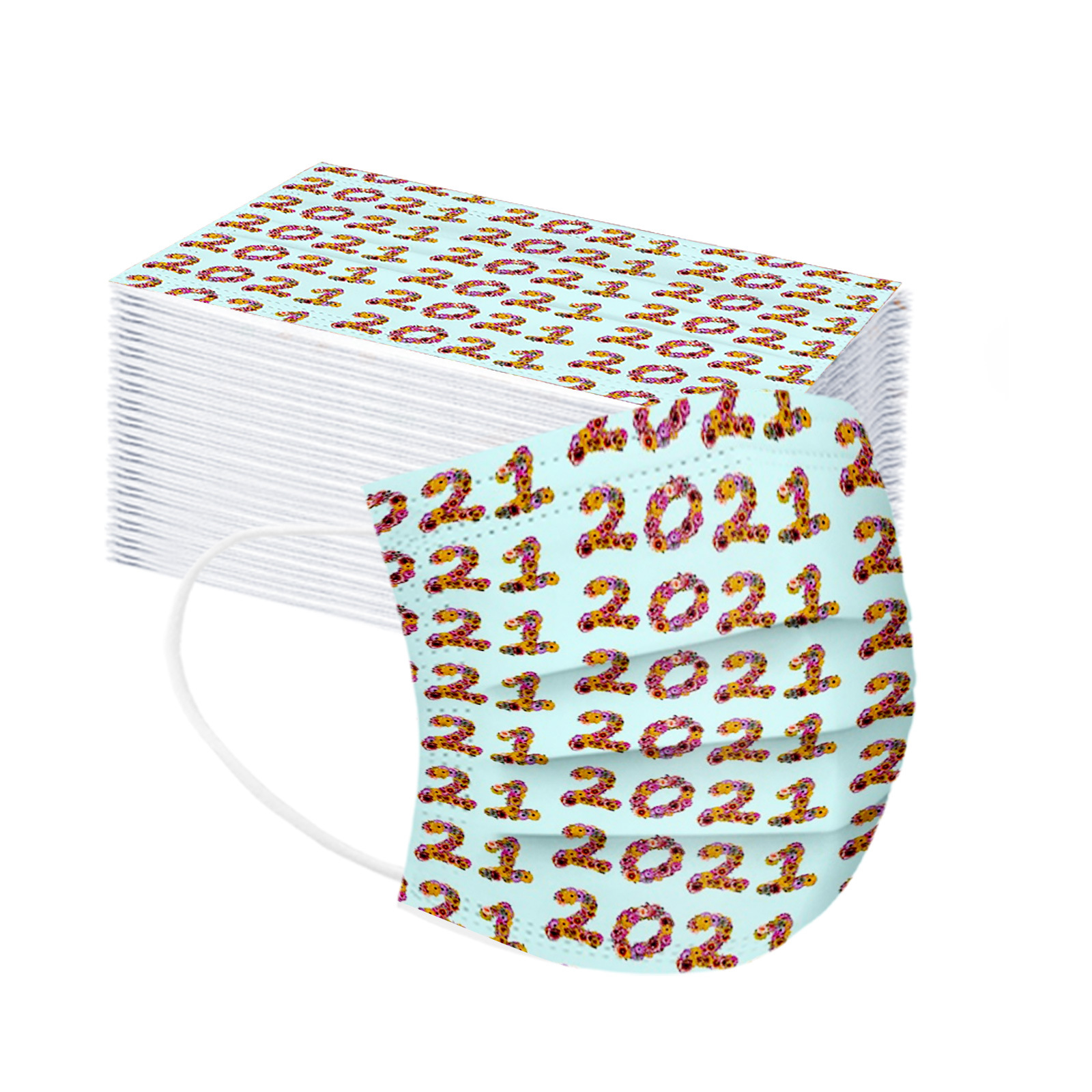 50PCS Disposable Adult 2021 New Year Printed Mask Three-layer Melted Adult Printing 2021 Word Dust Mask